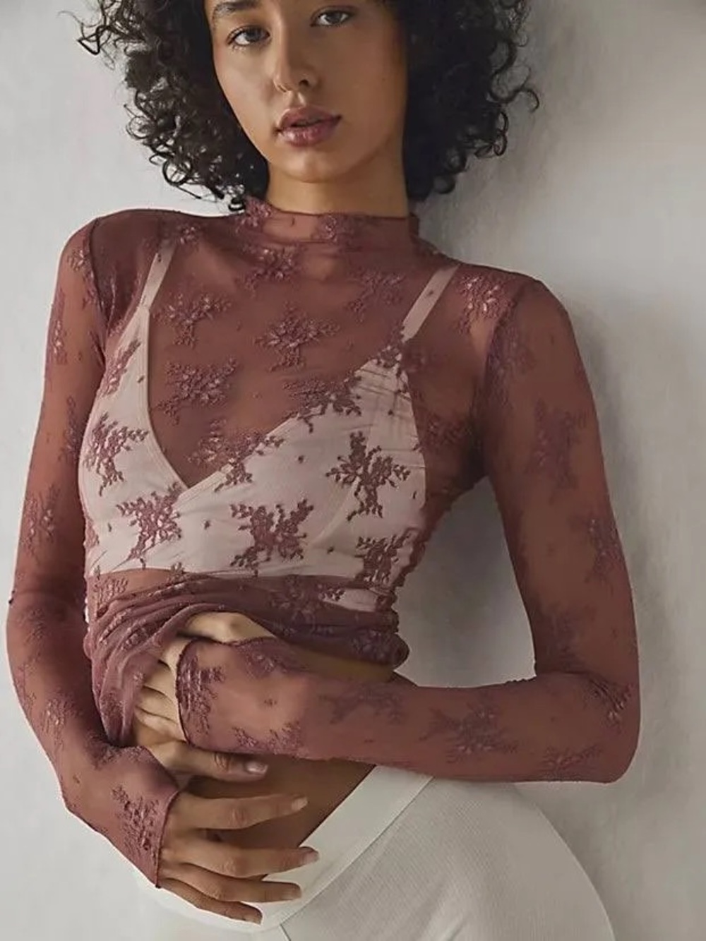 Free People Intimately Lady Lux Mesh Top XS brown mauve